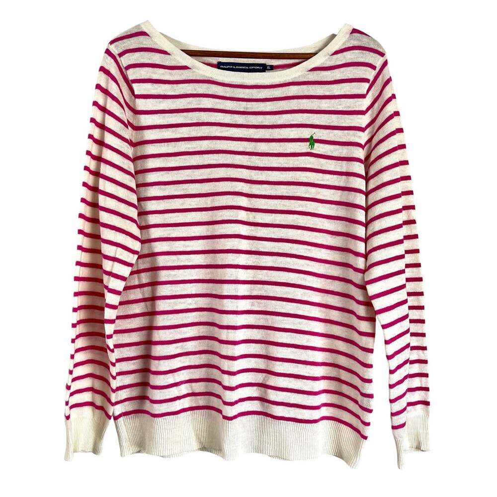 Ralph Lauren Pink White Striped Boat Neck Cotton Linen Sweater XL Pony Logo